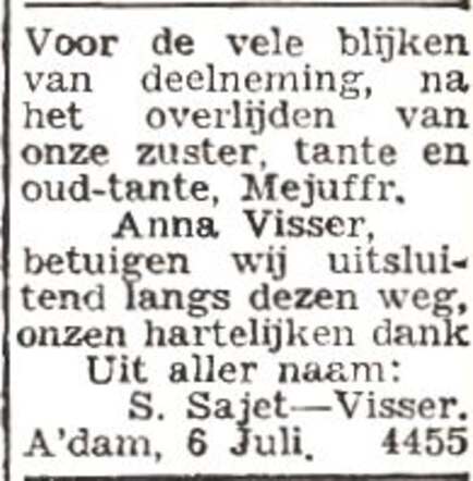 Dankbetuiging van de familie Visser