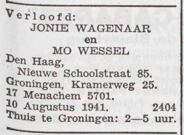 Bekendmaking van de verloving van Joanna Wagenaar en Mozes Vissel