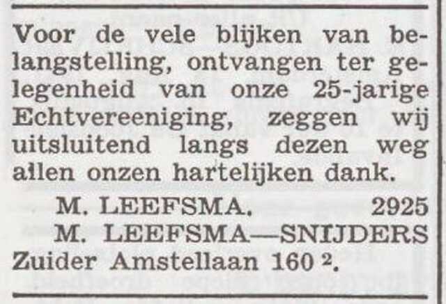 Dankbetuiging van het echtpaar Mozes en Marianne Leefsma