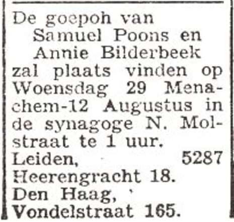 Aankondiging van de huwelijksinzegening van Annie Bilderbeek en Samuel Poons