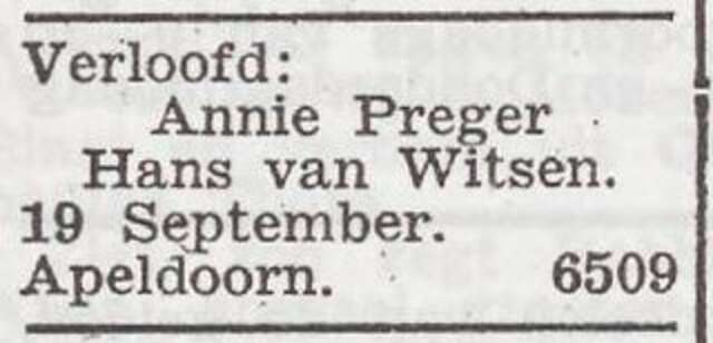 Bekendmaking van de verloving van Annie Preger en Hans van Witsen
