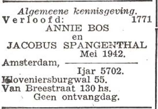 Vermelding van de verloving van Jacobus Spangenthal en Zelma Anna (Annie) Bos