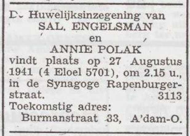 Aankondiging van de huwelijksinzegening van Salomon Engelsman en Annie Polak