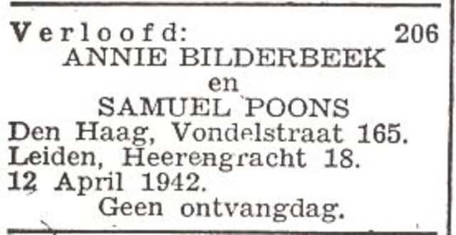 Vermelding van de verloving van Annie Bilderbeek en Samuel Poons