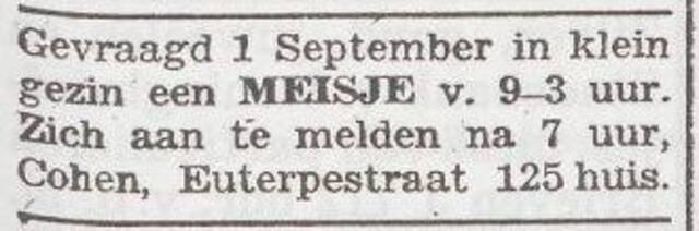 Advertentie van het gezin Emile Cohen
