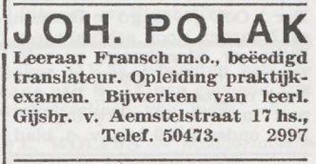 Advertentie van leraar Johan Polak