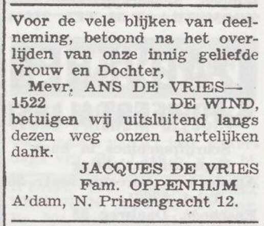 Dankbetuiging van de familie De Vries en Oppenheijm