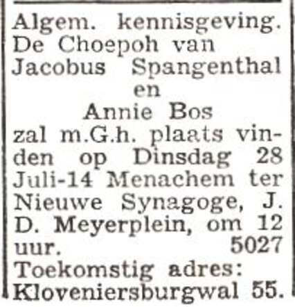 Aannkondiging van de huwelijksinzegening van Zelma Anna Bos en Jacobus Spangenthal
