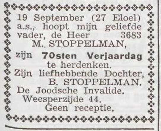 Aankondiging van de viering van de 70ste verjaardag van Mozes Stoppelman