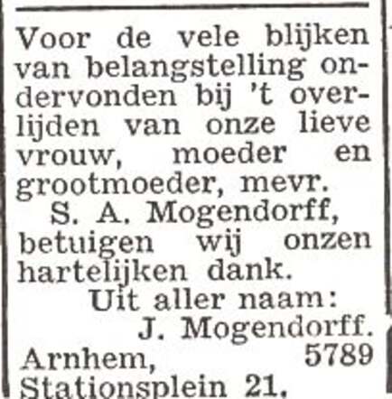 Dankbetuiging van de familie Mogendorff