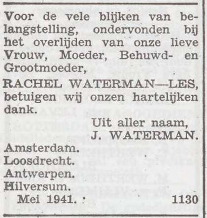 Dankbetuiging van de familie Waterman