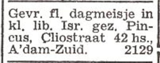 Advertentie van het gezin Alfred Pincus