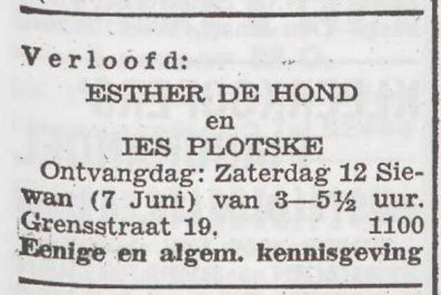 Bekendmaking van de verloving van Esther de Hond en Ies Plotske