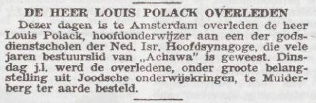 Bericht van overlijden van Levie (Louis) Polack