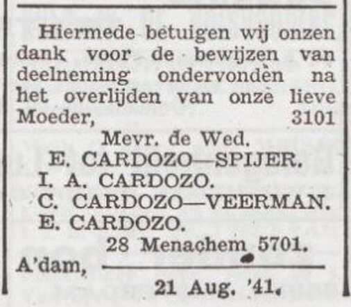 Dankbetuiging van de familie Cardozo