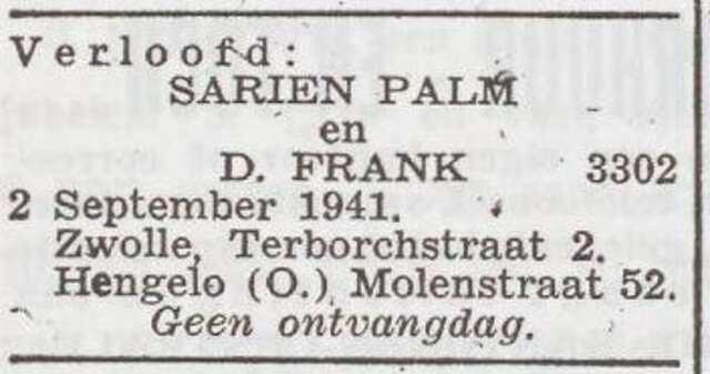 Bekendmaking van de verloving van Sariena Palm en David Frank