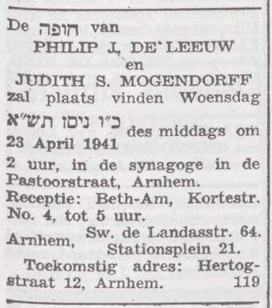 Aankondiging van de huwelijksinzegening van Philip Jacob de Leeuw en Judith Mogendorff