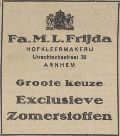 Arnhemsche Courant, 23 mei 1940, dag, pag. 3. Adv. fa. Michel Levie Frijda.