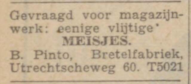 Arnhemsche Courant, 8 november 1940, pag. 8. Adv. Bernard Pinto.