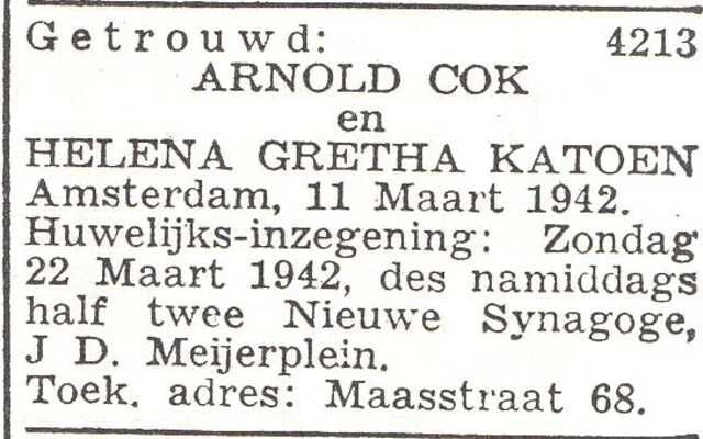 Aankondiging huwelijksinzegening van Arnold Cok en Helena Gretha Katoen