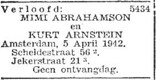 Bekendmaking van de verloving van Mietje (Mimi) Abrahamson en Kurt Artur Arnstein