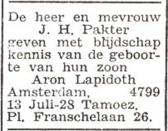 Bekendmaking van de geboorte van Aron Lappidoth Pakter