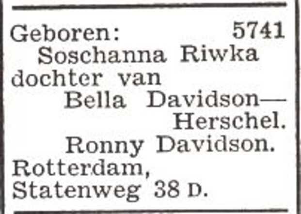 Bekendmaking van de geboorte van Soschanna Riwka Davidson