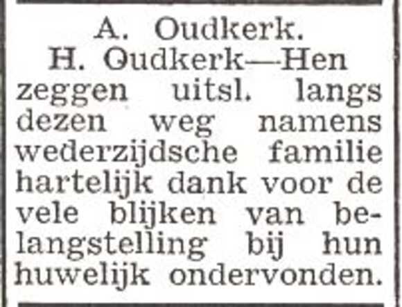 Dankbetuiging van het echtpaar Aron en Henriette Oudkerk-Hen