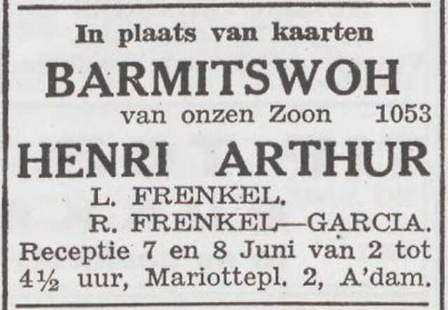 Aankondiging van de bar mitswa van Henri Arthur Frenkel