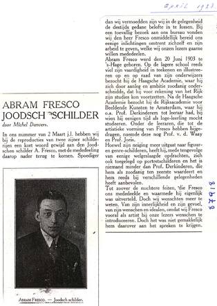 Artikel over Abraham Fresco, april 1928