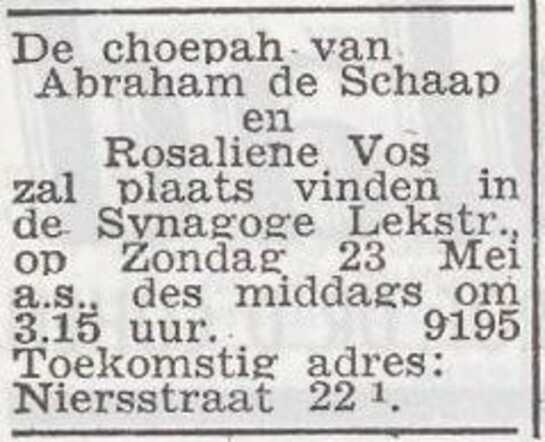 Aankondiging van de huwelijksinzegening van  Abraham de Schaap en Rosaliene Vos