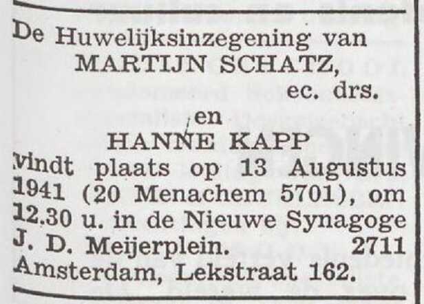 Aankondiging van de huwelijksinzegening van Martijn Schatz en Johanna Kapp