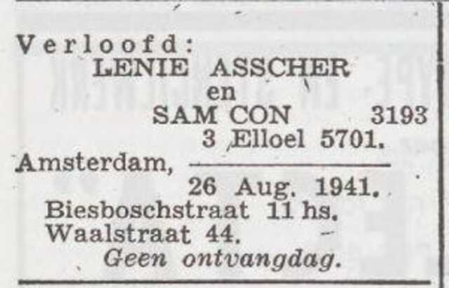 Bekendmaking van de verloving van Helena Asscher en Samuel Con