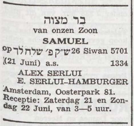 Aankondiging van de bar mitswa van Samuel Serlui