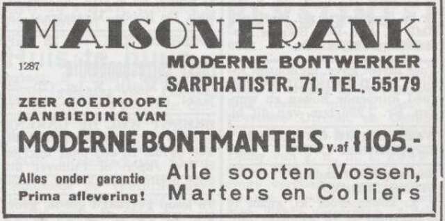 Advertentie van bontwerker Samuel Frank