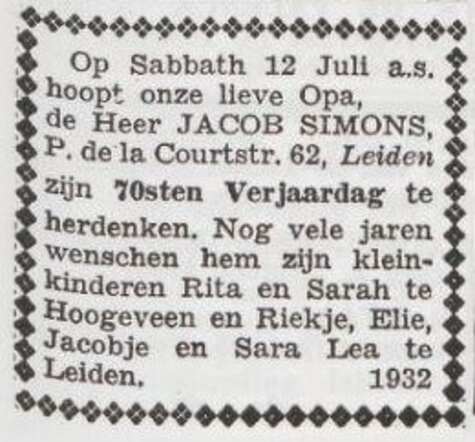 Viering van de 70ste verjaardag van Jacob Simons