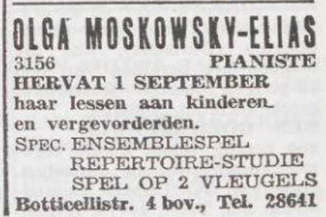 Advertentie van pianiste Olga Moskowsky-Elias