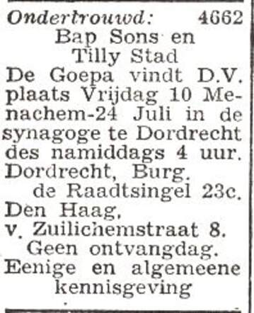 Aankondiging van de huwelijksinzegening van Abraham Sons en Mathilda Stad