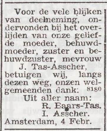 Dankbetuiging van de familie Tas en Asscher
