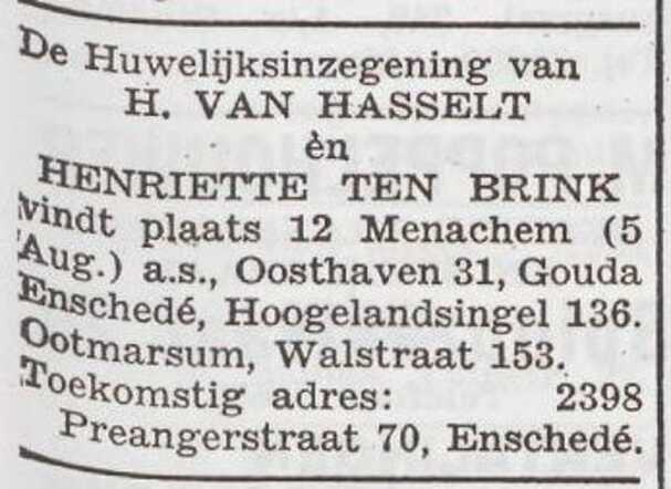 Aankondiging van de huwelijksinzegening van Henri van Hasselt en Henriette ten Brink