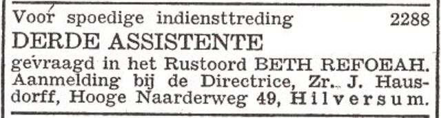 Advertentie van directrice Johanna Hausdorff