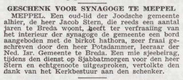 Geschenk van Jacob Stern voor synagoge te Meppel