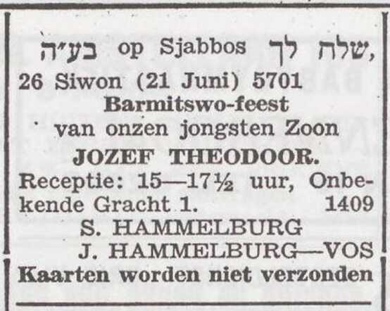 Aankondiging van de bar mitswa van Jozef Theodoor Hammelburg