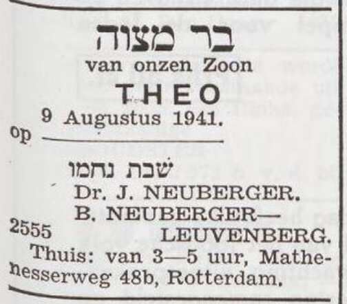 Aankondiging van de bar mitswa van Theo Neuberger