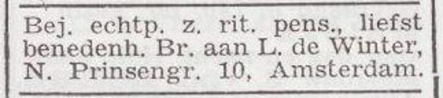Advertentie 'te huur gevraagd' van het echtpaar Louis en Cato de Winter