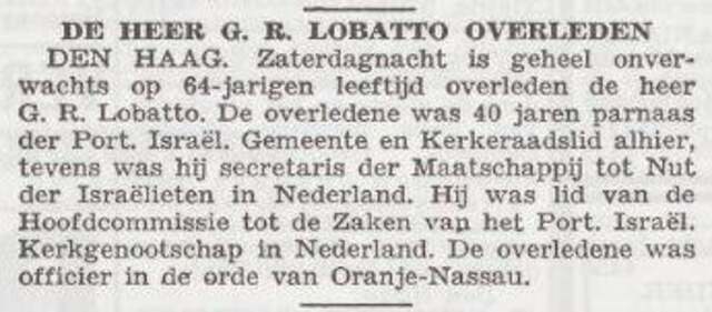 Bekendmaking van het overlijden van George R. Lobatto
