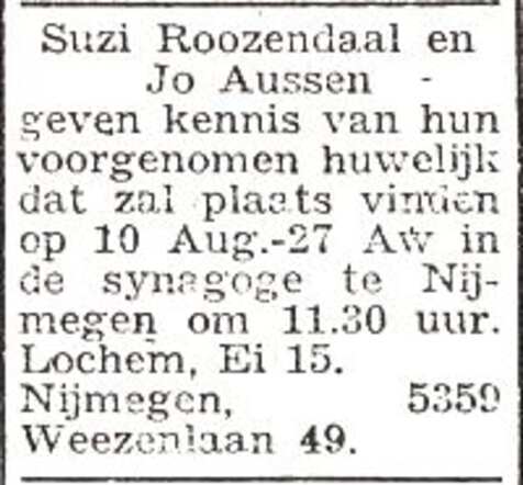 Aankondiging van de huwelijksinzegening van Jozef Aussen en Susanna Roozendaal