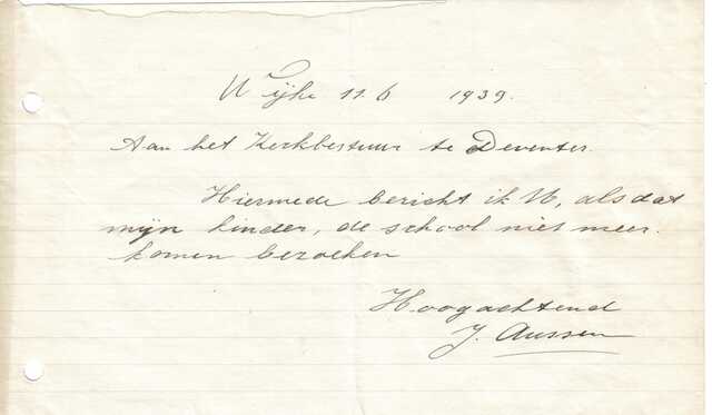 Brief J. Aussen 1939 aan Deventer kerkbestuur over schoolgang kinderen