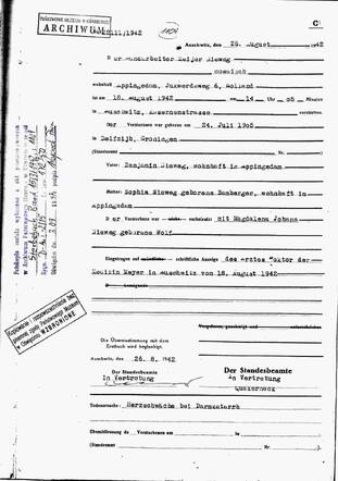 Overlijdensakte van Meijer Nieweg uit Auschwitz