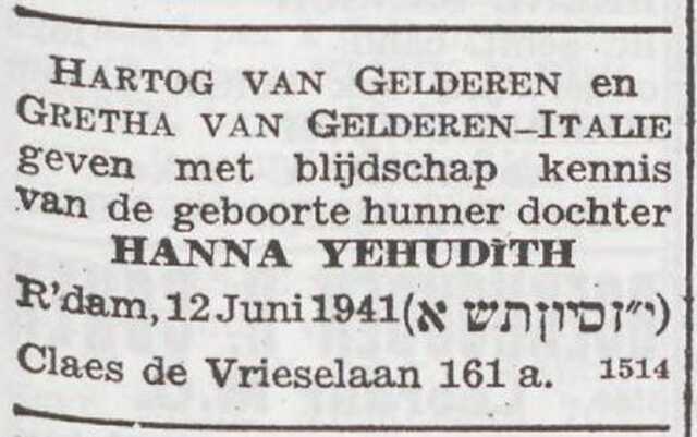 Bekendmaking van de geboorte van Hanna Yehudith van Gelderen